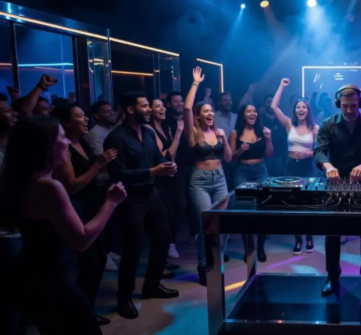 DJ pult és táncoló közönség éjszakai klubban