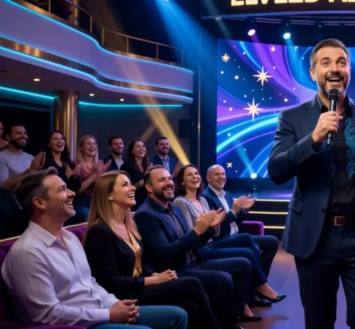 Stand-up komikus reflektorfényben, közönség előtt a színpadon