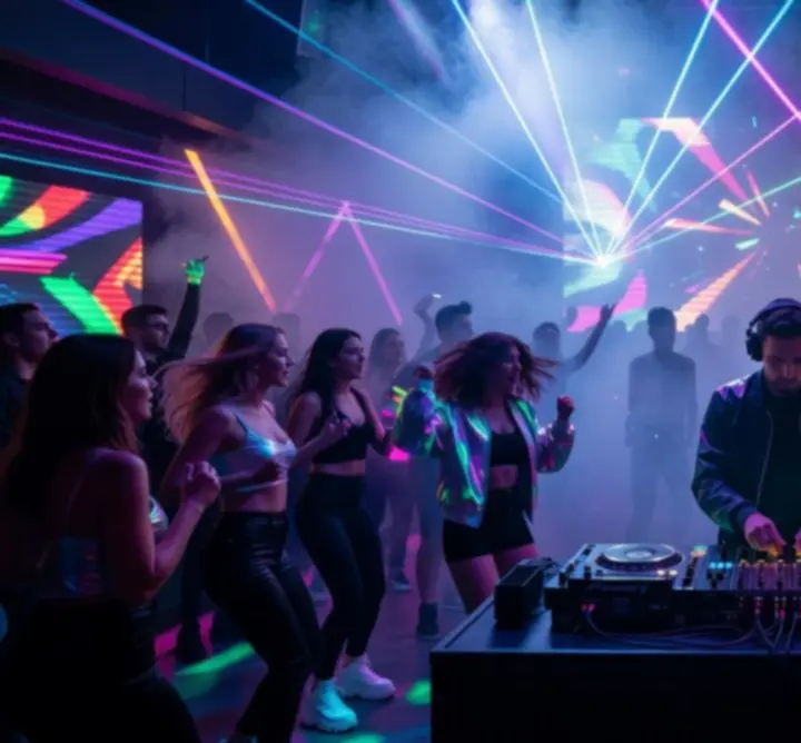 DJ pult és táncoló közönség egy éjszakai klubban