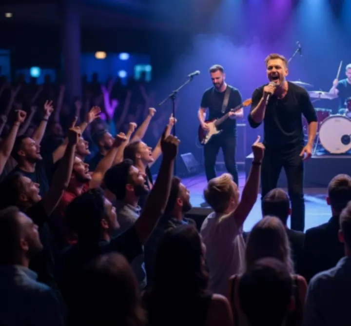 Élő koncert színpad fényekkel és közönséggel
