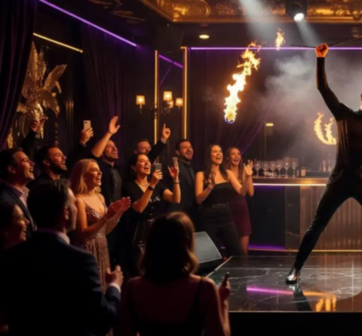 Élő show-műsor az éjszakában fényekkel és fellépőkkel