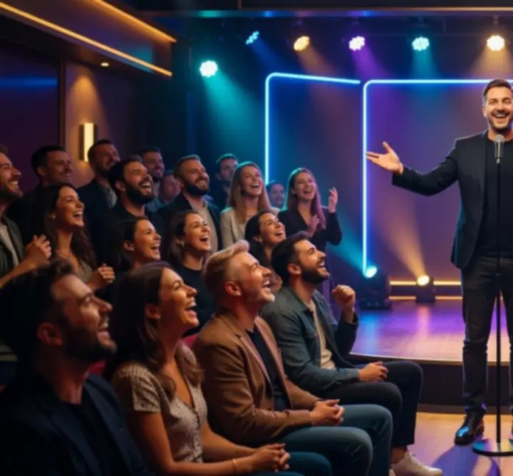 Stand-up humorista fényekkel megvilágított színpadon, nevető közönséggel